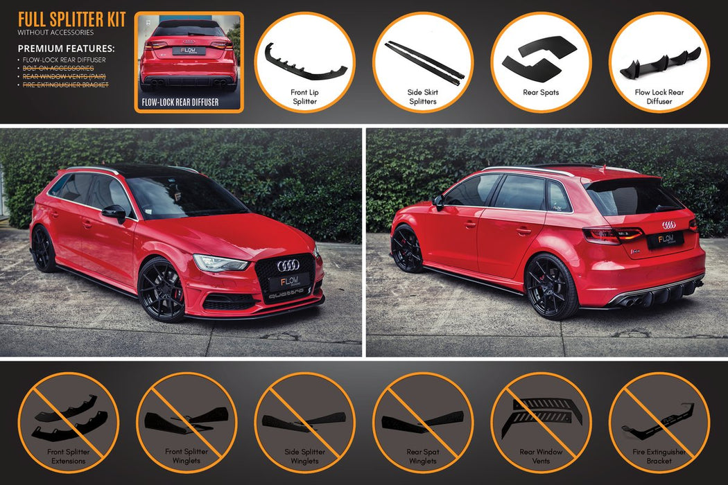 Flow Design Audi S3 8V Sportback PFL V3 Full Lip Splitter with Flow-Lock Rear Diffuser (With or without accessories)
