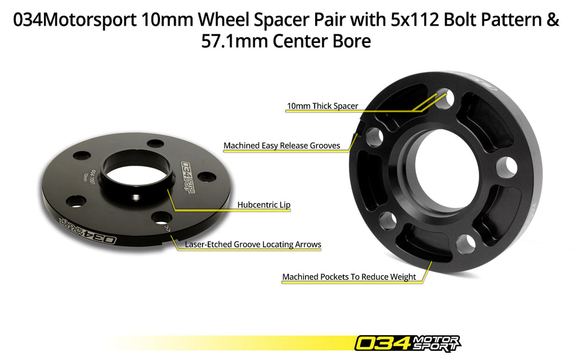034 - Wheel Spacer Pair (10mm) Audi/Volkswagen 5x112mm with 57.1mm Centre Bore - 034-604-7001