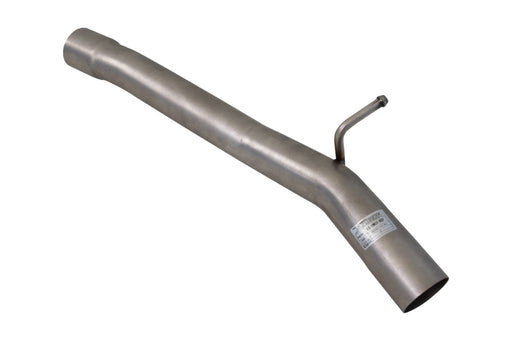 A metallic exhaust pipe with a curved design, featuring a small outlet and a label on the side, used for automotive applications.
