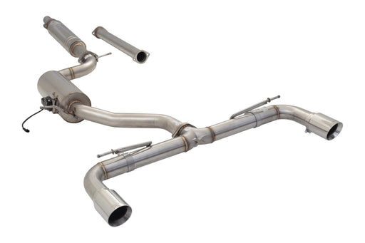 A stainless steel exhaust system featuring dual tailpipes, muffler, and connecting pipes, designed for automotive performance enhancement.
