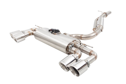 Stainless steel dual exhaust system with polished tips, featuring a central muffler and adjustable components for enhanced performance.