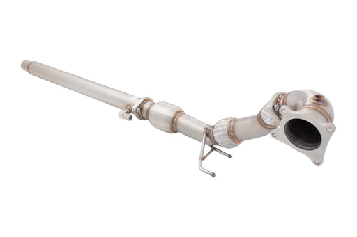 Stainless steel exhaust pipe with a curved end and a flange, featuring welds and a flexible section for automotive use.