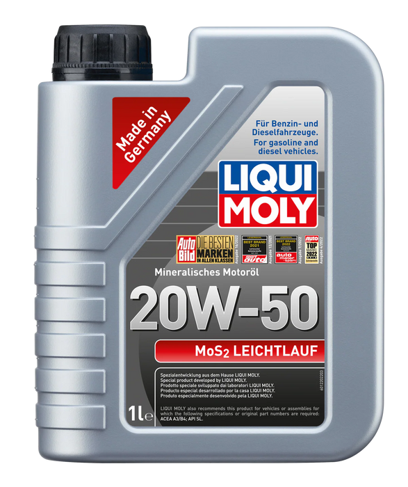 LIQUI MOLY MoS2 Leichtlauf 20W-50 (1L) – Mineral Engine Oil – ACEA A3 / B4 / API SL