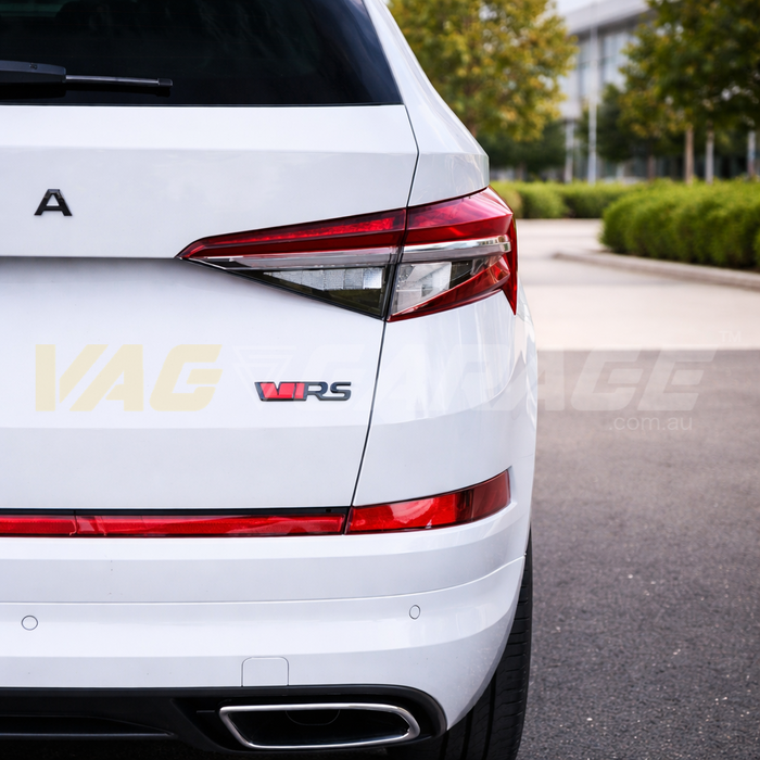 Genuine Skoda Rear Emblem Badge ´VRS' from Koadiaq RS Model - Glowing Red  / Monte Carlo Black 565853679VYZ-F9R