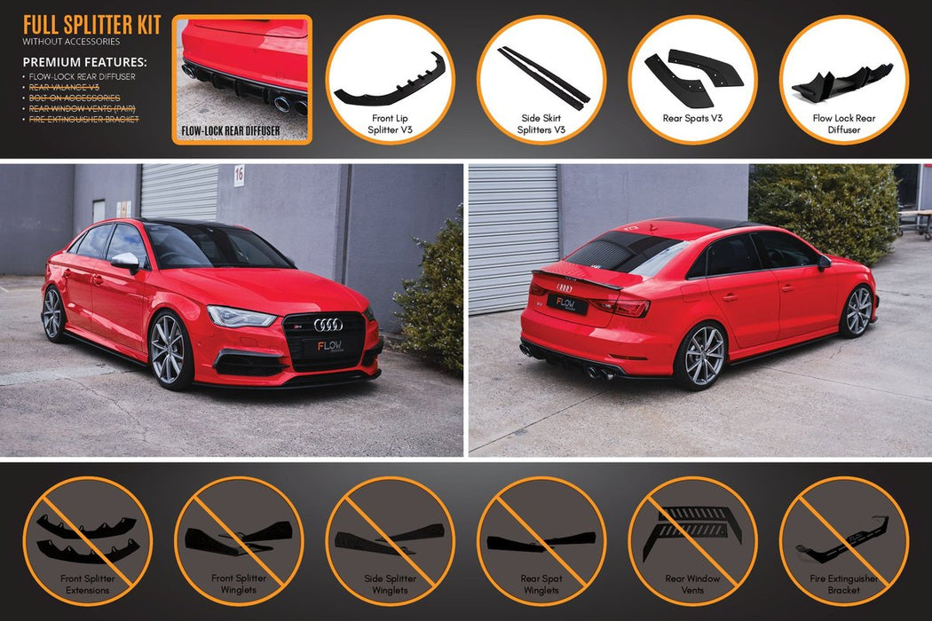 Flow Design Audi S3 8V Sedan PFL V3 Full Lip Splitter with Flow-Lock Rear Diffuser or Valance (With or without accessories)